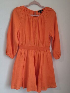 J.Crew Orange 100% Linen Smocked Waist Mini Dress Sz XS Pockets Resortwear Beach